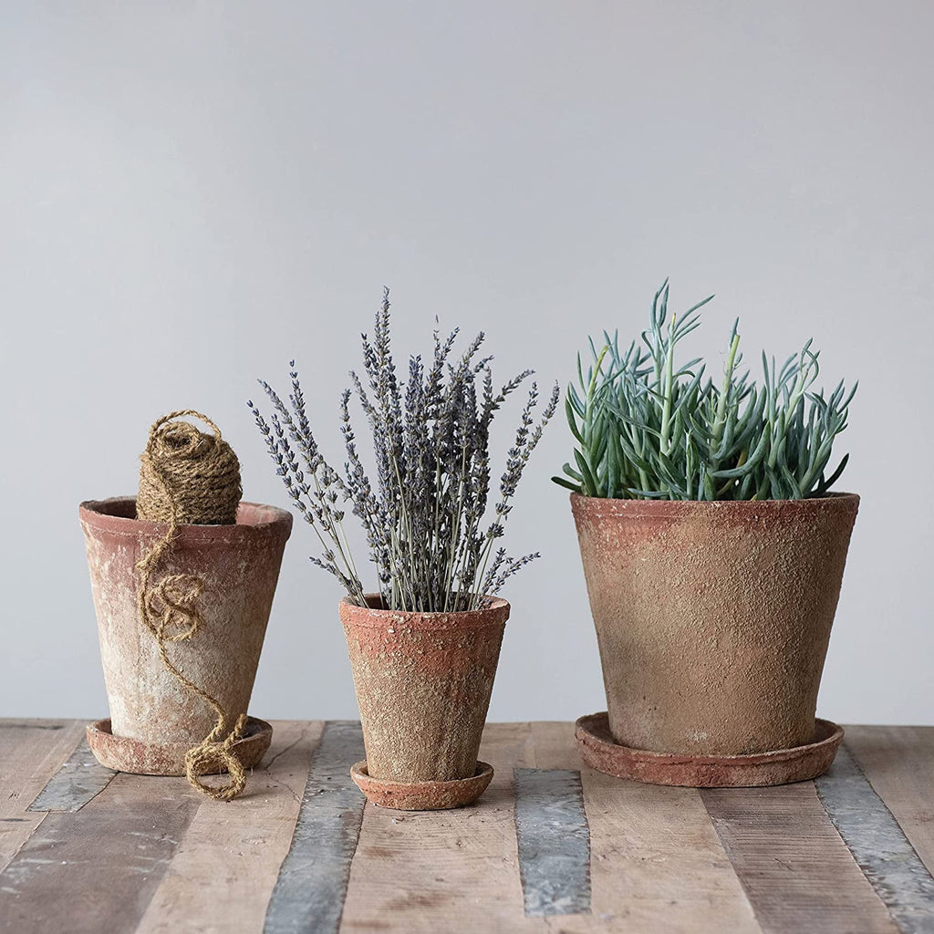 Creative Co-Op Cement Planter with Saucer, Distressed Terra-cotta Finish, Set of 2 (Holds 8" Pot)