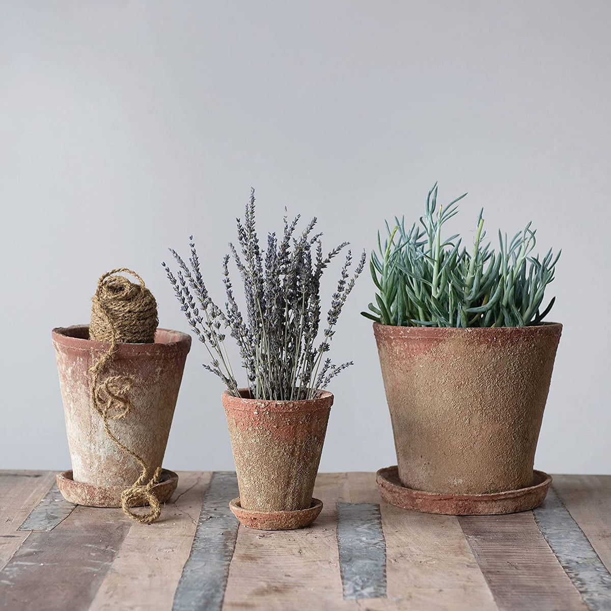 Creative Co-Op Cement Planter with Saucer, Distressed Terra-cotta Finish, Set of 2 (Holds 8" Pot)