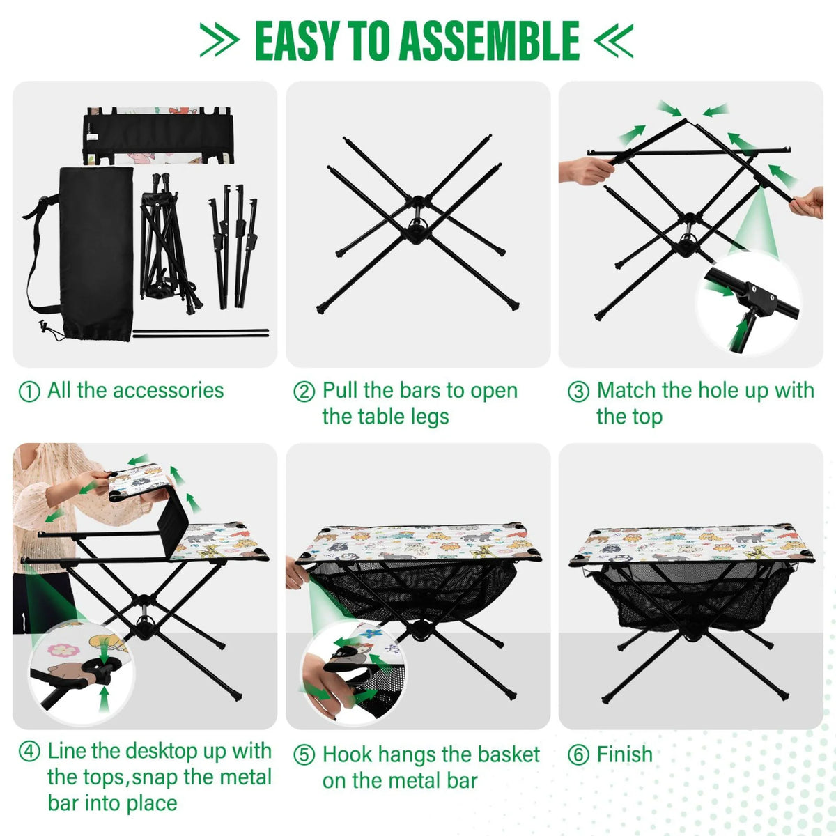 Cartoon Elephant Bear Giraffe Fox Camping Folding Table Portable Beach Table with Storage Bag Compact Picnic Table for Outdoor Travel Fishing