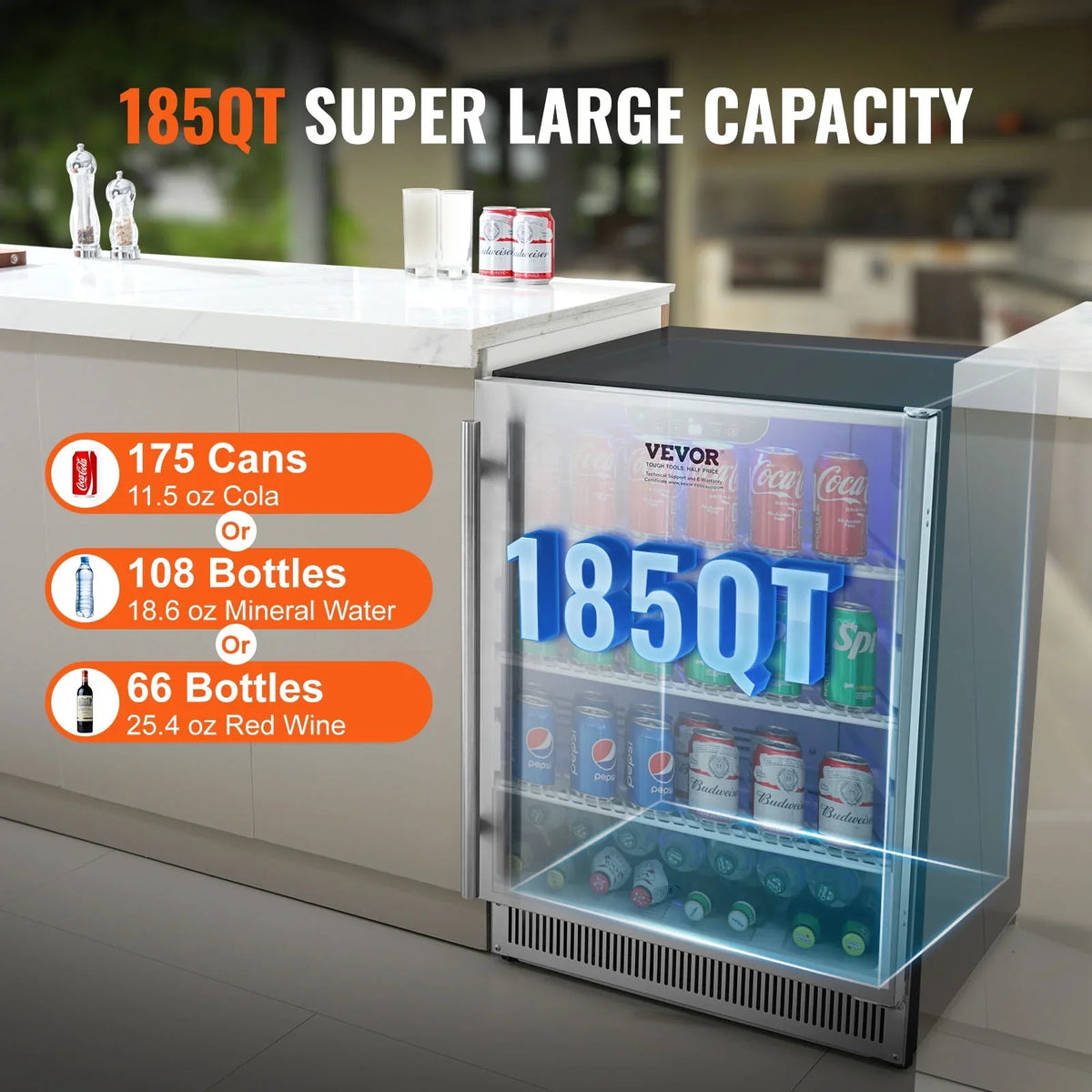 175 Cans Outdoor Beverage Refrigerator Cooler 24" 185QT Beer Soda or Wine Frigera Indoor&Outdoor