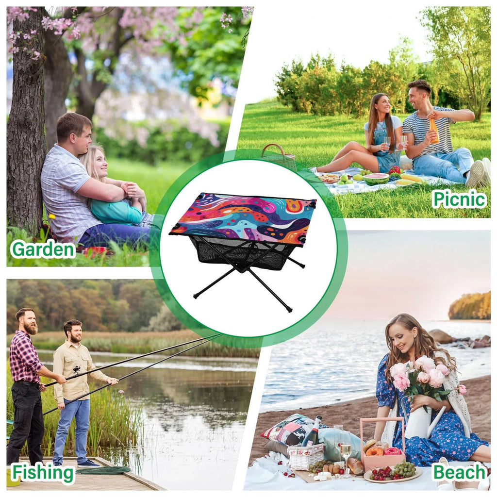 Abstract Art Paint Camping Folding Table Portable Beach Table with Storage Bag Compact Picnic Table for Outdoor Travel Fishing