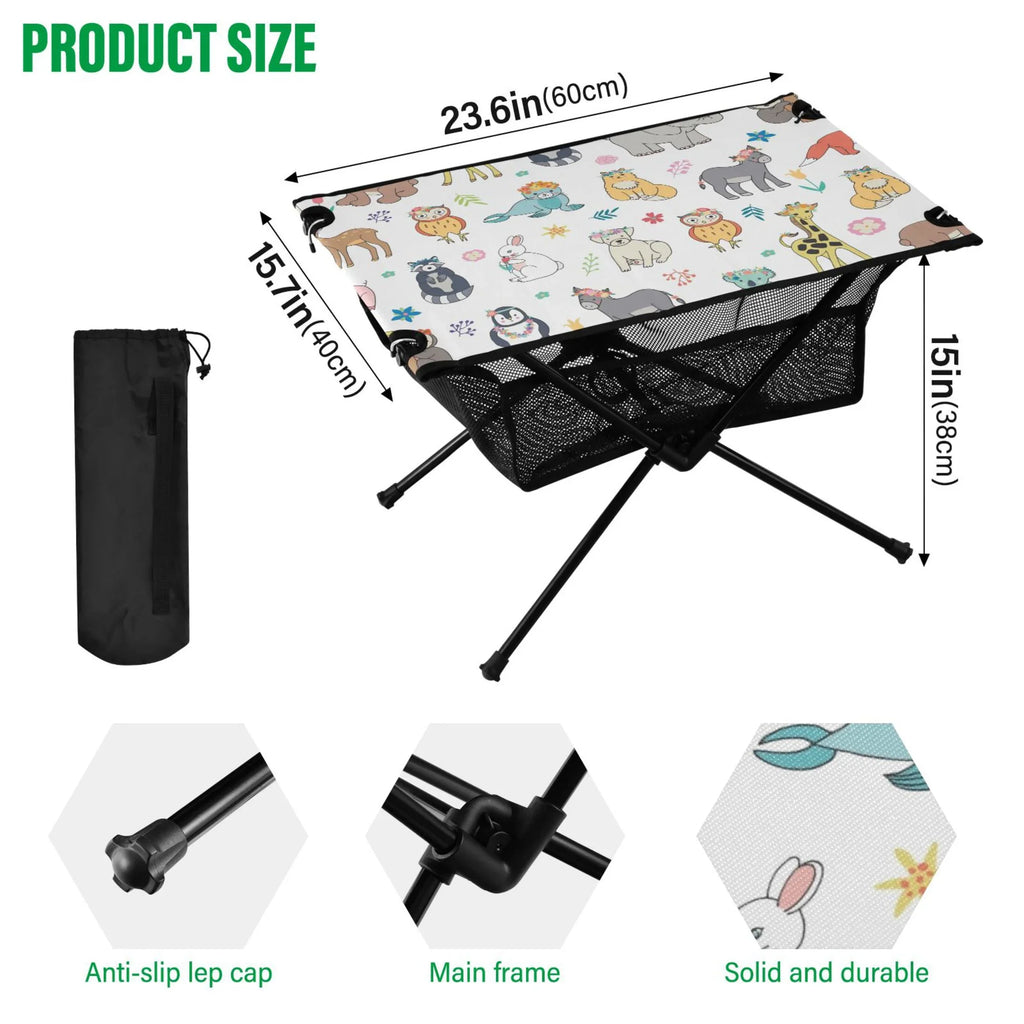 Cartoon Elephant Bear Giraffe Fox Camping Folding Table Portable Beach Table with Storage Bag Compact Picnic Table for Outdoor Travel Fishing