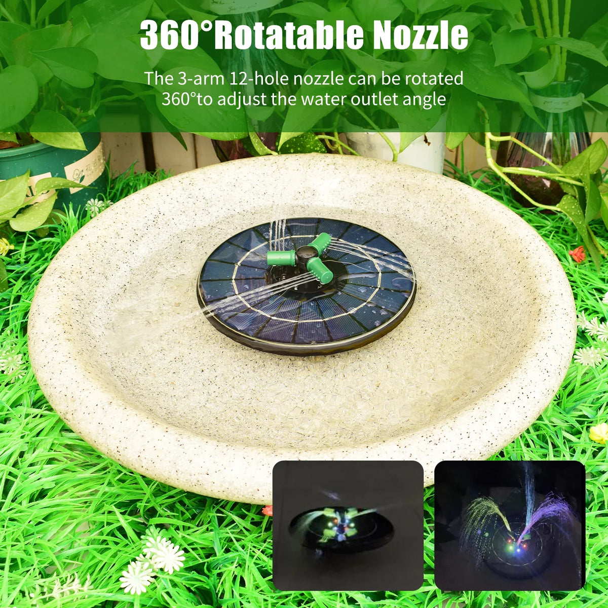 6W Colorful Solar Fountain Pump With Rotatable Nozzle  Solar Pump With Battery Auto-Shut off 9 Inch Fountain for Bird Bath Garden Small Pond