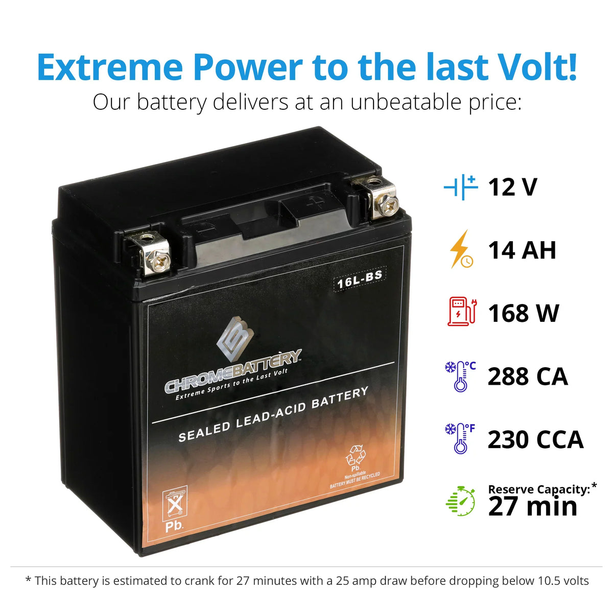 Chrome Battery - (16L- 12 Volt,14 Ah, 230 ) Jet Ski Battery for Kawasaki 750cc Jh750 Ss St Xi Xir 1992
