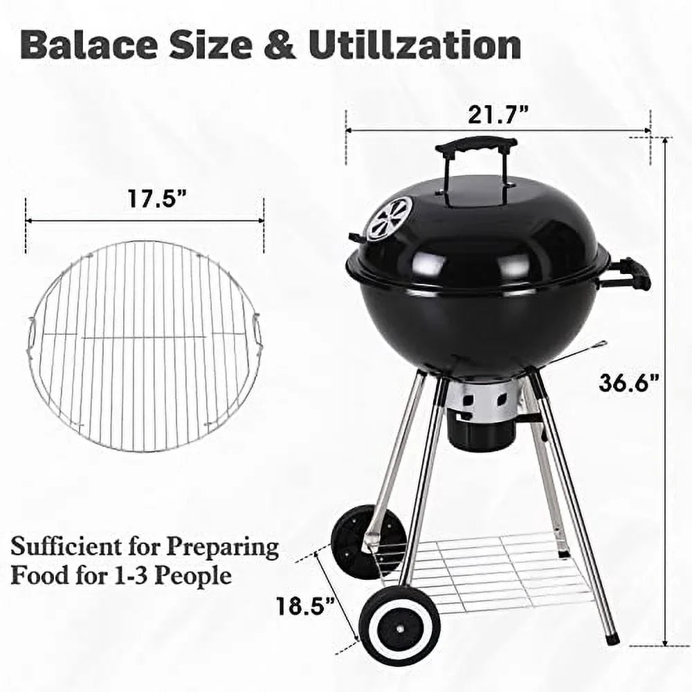 Sophia & William 18-inch Kettle Charcoal  Grill with Porcelain-Enameled Lid and Bowl, Chromeplated Grate, Ash Catcher for Outdoor Picnic  Patio Camping, Black