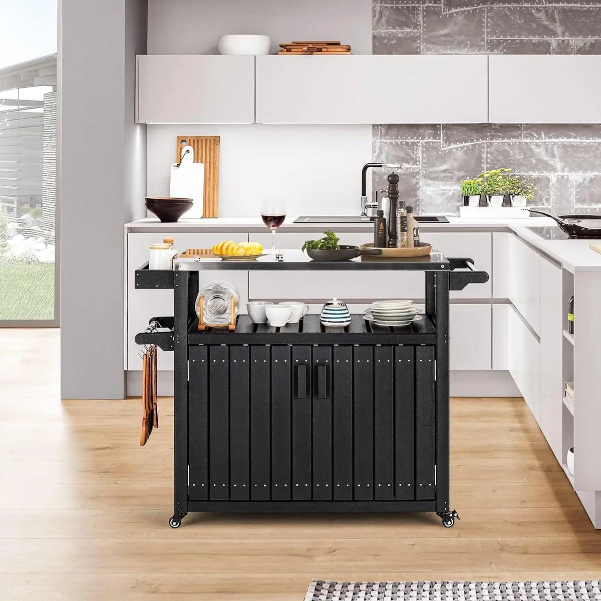 Kitchen Cart,  Kitchen Island With Stainless Steel Top And Storage Cabinet, Rolling Island Table With Hooks, Spice Rack, Towel Rack, Black