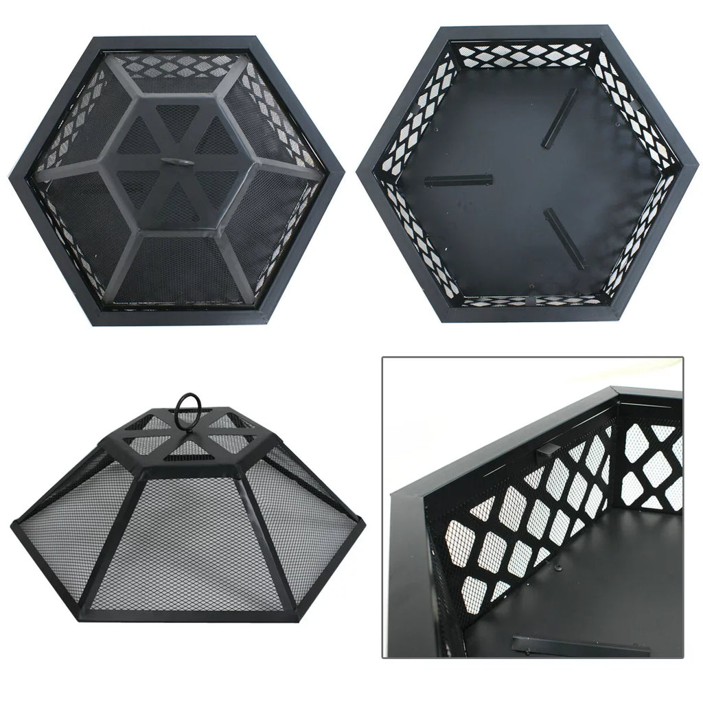 ZenSports 24’’ Outdoor Hex-Shaped Pire Pit - Portable Wood Burning Bonfire /Mesh Lid, Backyard, Black