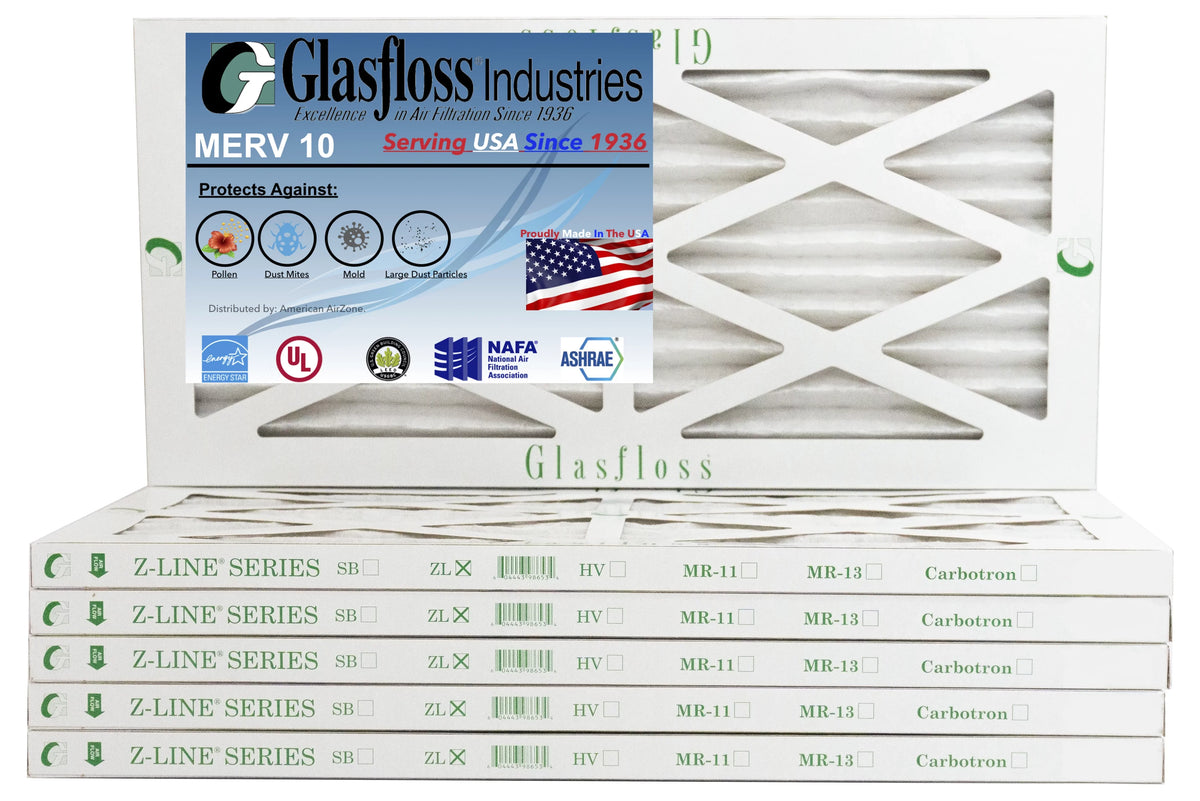 Glasfloss 10x16x1 -  10 -Qty:6 - Furnace Air Filter - Made in  (Actual Size: 9.5 x 15.5x7/8 inch)