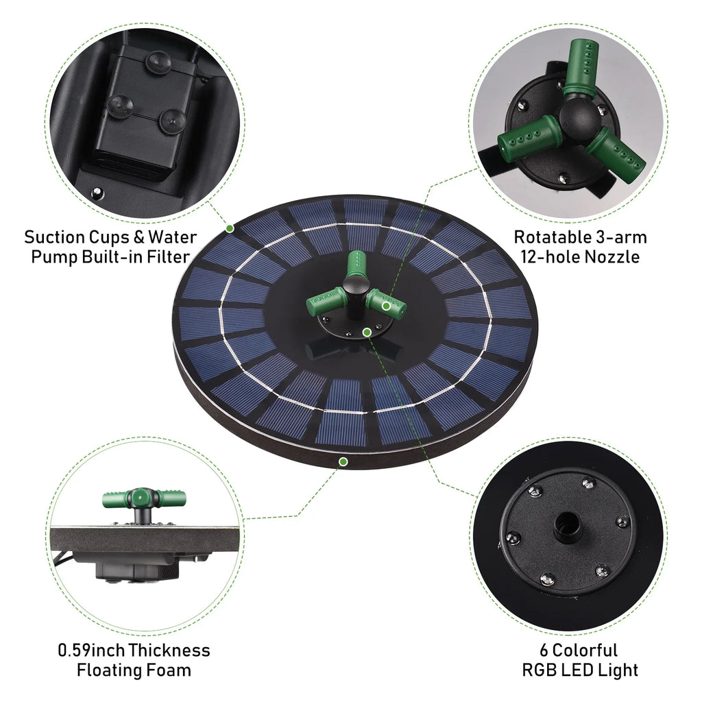 6W Colorful Solar Fountain Pump With Rotatable Nozzle  Solar Pump With Battery Auto-Shut off 9 Inch Fountain for Bird Bath Garden Small Pond