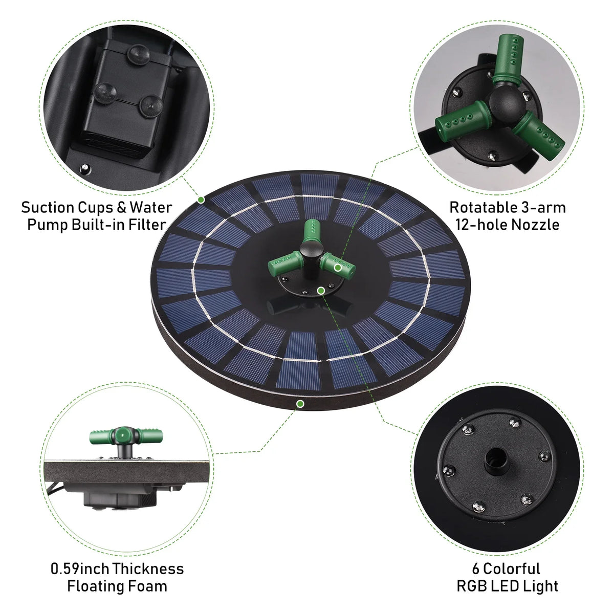 6W Colorful Solar Fountain Pump With Rotatable Nozzle  Solar Pump With Battery Auto-Shut off 9 Inch Fountain for Bird Bath Garden Small Pond